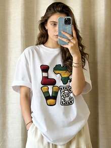 Camiseta de manga corta con cuello redondo suave y casual para mujer de verano |   AMOR | Tops para salir, Estilo callejero europeo y americano, Casual deportivo, Estilo unisex, Estilo casual urbano, Tops bonitos, Generación Z, Curvas, Ropa Y2K, Camisetas divertidas, Tops de mujer, Conjuntos de vacaciones para mujer, Top lindo, Camiseta gráfica, Conjuntos de primavera, Camisetas holgadas, Ropa urbana retro, Estilo de los 90, Estilo de los 2000, Subcultura, Top negro, Tops blancos, Conjunto de fiesta de los 90. - Blanco - Ver 3