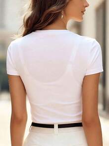 Camiseta corta ajustada rosa neón con pedrería, estilo elegante y versátil - Blanco - Ver 2