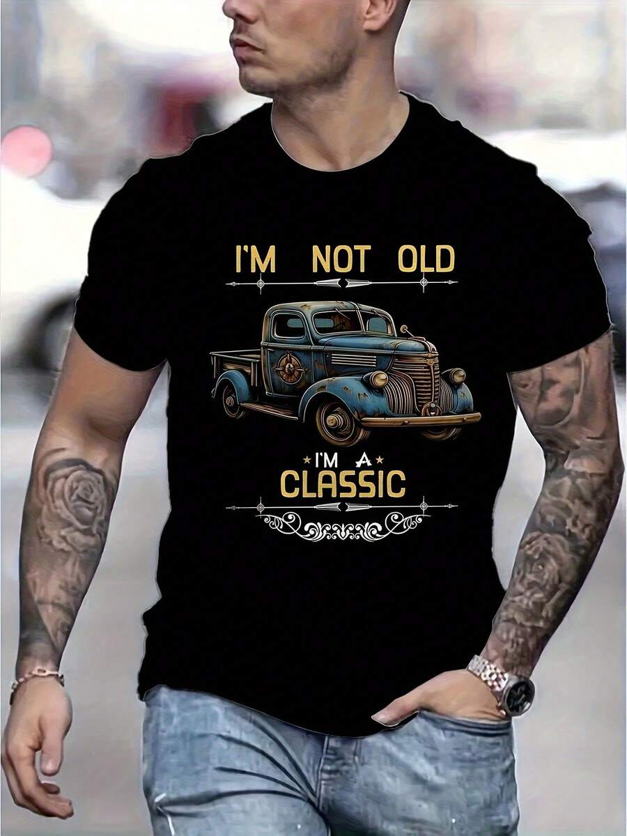 Men's Classic Graphic T-Shirt - "I'm Not Old, I'm Classic", Black Print, Casual Crew Neck T-Shirt For Summer, Outdoor Activities And Sportswear - 黑色 - 查看 1