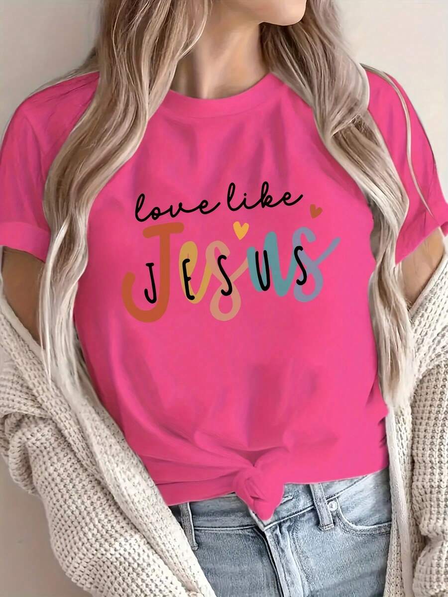 Camiseta de manga corta con cuello redondo y estampado de la letra JESÚS para mujer, talla grande, estilo casual deportivo de verano, 100% algodón, lavable a máquina. XAGJ - Rosa Fucsia - Ver 1