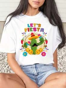 Camiseta de Mujer con Estampado de Cactus, Sombrero y Maracas para Celebración del Cinco de Mayo - Blanco - Ver 1