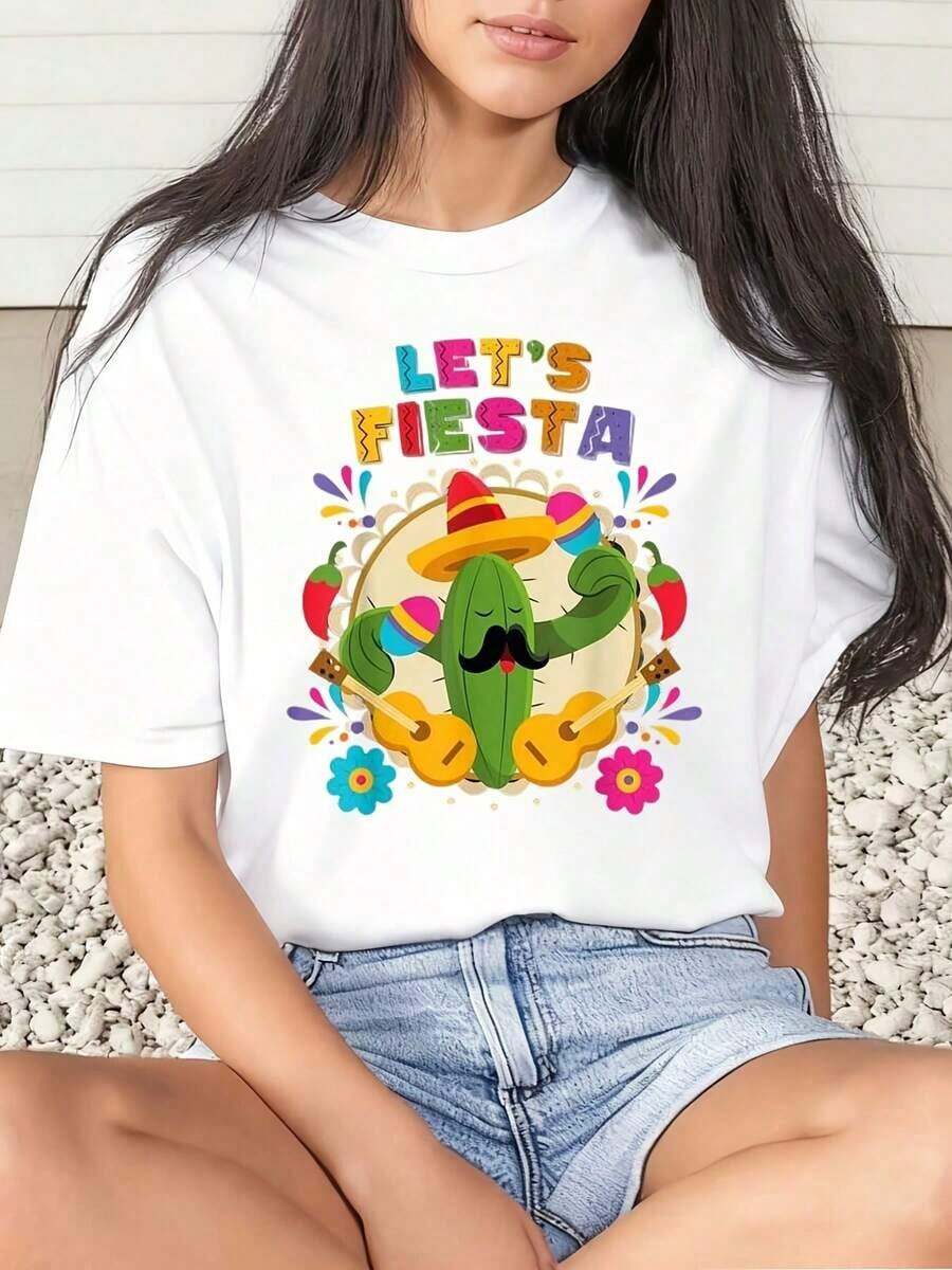 Camiseta de Mujer con Estampado de Cactus, Sombrero y Maracas para Celebración del Cinco de Mayo - Blanco - Ver 1