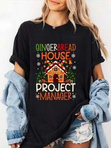 Women's Short Sleeve T-Shirt With Round Neck And Gingerbread House Project Manager Print S-3XL Fashionable, Comfortable And Breathable, Machine Washable - 黑色 - 查看 1