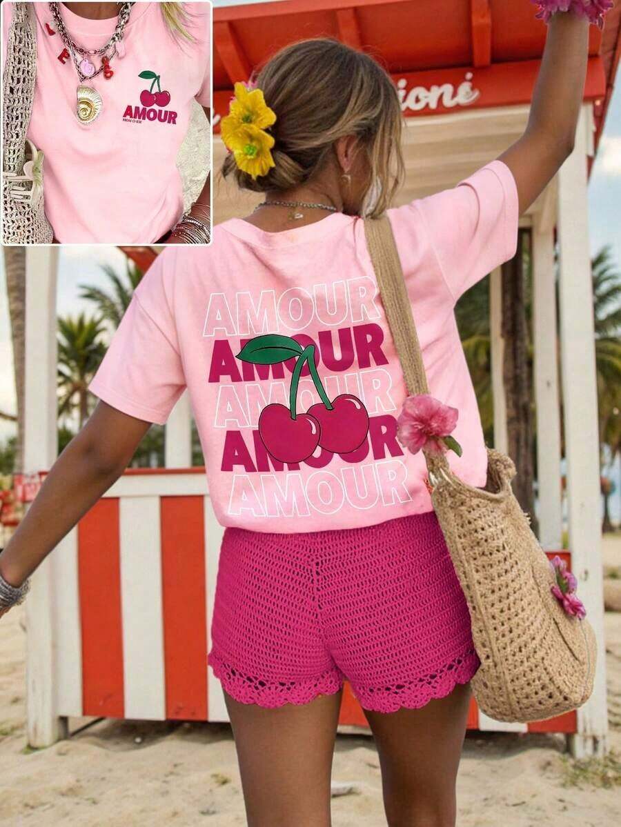 Camiseta de mujer LUNE, camiseta de manga corta con estampado gráfico de estilo casual urbano, linda camiseta de verano para mujer, camisetas de verano para mujer, camisetas bonitas para mujer, tops para mujer, conjuntos de ropa de vacaciones para mujer, camiseta de mujer, conjuntos de verano para mujer, tops de verano para mujer, camisetas gráficas divertidas. - Rosa - Ver 1