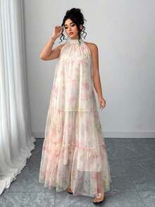 Vestido de malla floral sin mangas elegante para mujer de talla grande - Beis - Ver 10