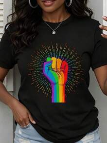Women's Casual Loose Fit T-Shirt With Rainbow Fist Pride Symbol Graphic Print For Everyday Wear And LGBTQ Events - Black - View 7