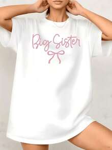 Women's T-Shirt With "Big Sister" Bow Graphic Print For Best Friends, 100% Cotton, Crew Neck, Casual Loose Fit, 1 Piece. Excellent Gifts For Friends And Family, Everyday Wear, Birthday Gift, Sister Gift. - 白色 - 查看 7