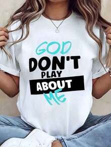 Camiseta de Mujer con Estampado 'God Dont Play Ab Me', Cuello Redondo, Corte Holgado Casual para Uso Diario, Idea de Regalo, Camiseta Gráfica, Camisetas Gráficas para Mujer, Camiseta de Verano, Camiseta Casual, Ideal para Vacaciones, Diseño Útil y Moderno, Transpirable y Cómoda. - Blanco - Ver 1