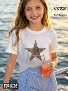 T-shirt con stampa grafica per bambini 6-12 anni, divertente, casual e versatile, per il quotidiano, sport, stile Y2K, abbigliamento da spiaggia per vacanze e viaggi - Bianco - Visualizzare 6