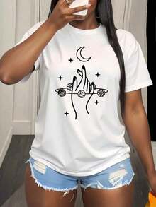Women's Casual Summer Short-Sleeved T-Shirt With Planet And Moon Prints, Suitable For Both Indoors And Outdoors, Ideal For Both The Office And Leisure Occasions. - 白色 - 查看 1