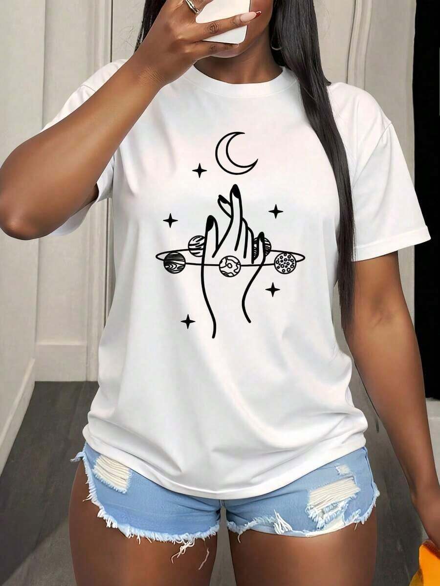Women's Casual Summer Short-Sleeved T-Shirt With Planet And Moon Prints, Suitable For Both Indoors And Outdoors, Ideal For Both The Office And Leisure Occasions. - 白色 - 查看 1