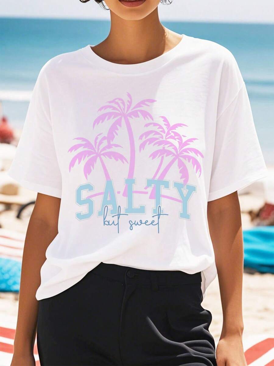 NEW Women's Tropical Palm Tree Print T-Shirt - Short Sleeve, Round Neck, For Summer Beach Vacation - Lightweight And Breathable Casual Blouse For Hawaiian Party Outfit And Casual Wear - Comfortable Machine Washable T-Shirt - Vintage Urban Style, Unisex, Loose Fit, Cotton, Short Sleeve, Round Neck - 白色 - 查看 1