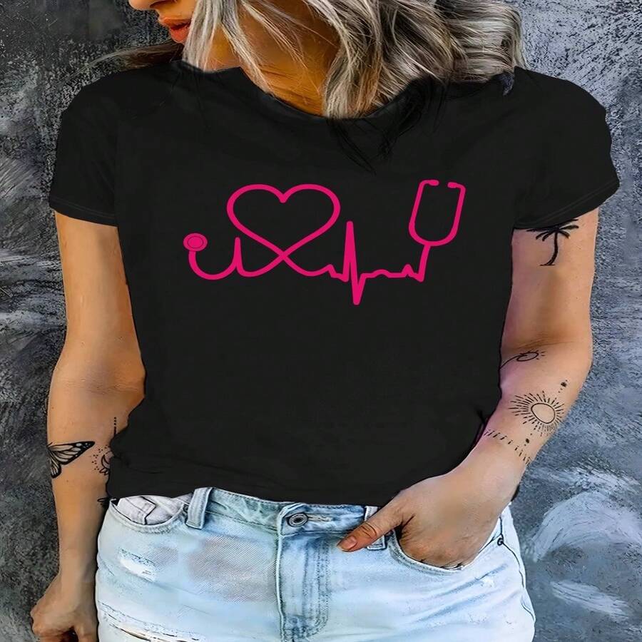 Women's Nursing T-Shirt With Professional Print - Stethoscope And Health Lettering, Crew Neck, Casual Uniform Or Scrubs By CNA, Machine Washable Summer Nursing Clothes S-XXXL - 黑色 - 查看 1