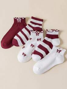 5 Pairs Women's Sweet Bow Pattern Frill Trim Breathable Short Socks, Everyday Wear - Multicolor - View 4