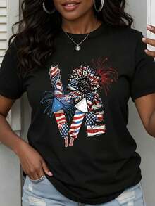 Women's Fashion T-Shirt With American Flag And Fireworks Print, Patriotic, For Independence Day Celebration, Casual Summer Top, Women's T-Shirts - 黑色 - 查看 2