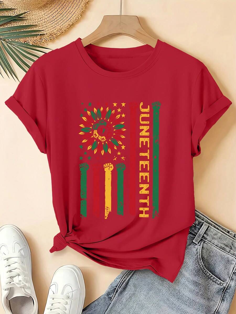 Women's Short-Sleeved T-Shirt, Vibrant And Comforting Style, With Fun Sunflower Cuff Print From JUNETEENTH, Comfortable And Breathable Fabric, Casual Round Neck T-Shirt For Summer, Fun Design For Everyday Wear, Suitable For Dates With Friends And June Events, Available In Sizes S-XXL. - 紅色 - 查看 1