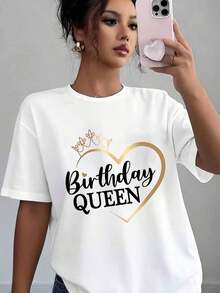 Women's Casual T-Shirt With Heart And Birthday Queen Crown Print, Soft And Comfortable, Birthday Celebration Gift - 白色 - 查看 5