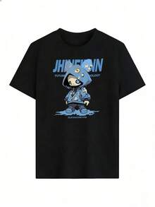 Blue Streetwear Character T-Shirt With "JHINEINN" Text, Fashionable Short-Sleeve T-Shirt For Spring/Summer 2026, Made In Mexico, 180 Grams. Cartoon Print, Couple Design, Suitable For Indoor Or Outdoor Wear. Crew Neck, Unisex, Ideal For Office And Leisure. One-Pack. - BK-P631577SLNDXZGY635 - 查看 3
