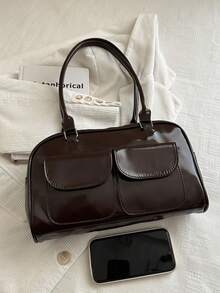 1pc Coffee Brown Bow Decor Multi-Pocket Solid Color PU Leather Women Shoulder Bag, Summer New Arrival - Coffee Brown - View 4
