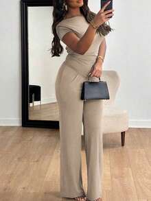 New Women's Summer Outfit, Minimalist And Elegant Style, Short Sleeves, Long Pants, Flattering Design, Cool, Versatile, Perfect For Office, Daytime Looks, Walks And Everyday Wear - 駝色 - 查看 3