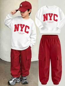 Conjunto de sudadera de cuello redondo de manga larga con estampado de letras y pantalones de chándal de unicolor para niño preadolescente - Rojo - Ver 1