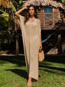 Đầm maxi dáng rộng dệt kim kiểu Boho, xuyên thấu, thích hợp mặc ngoài bikini, 2026, đầm kaftan tay ngắn cổ chữ V mùa hè cho nữ, đồ bơi, trang phục nghỉ dưỡng, đầm chống nắng. - Màu Khaki - Xem 4