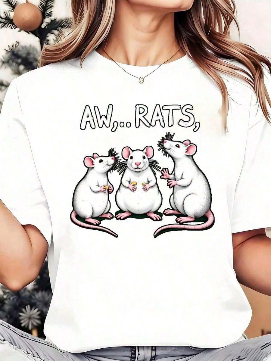 Y2K Heavyweight Wo Cropped T-Shirt With 3 White Rat Print - Crew Neck Cropped Top, Machine Washable Medium Stretch Fabric For Layering And Casual Outfits - Cute Graphic Tee, Hit Of . - 白色 - 查看 1