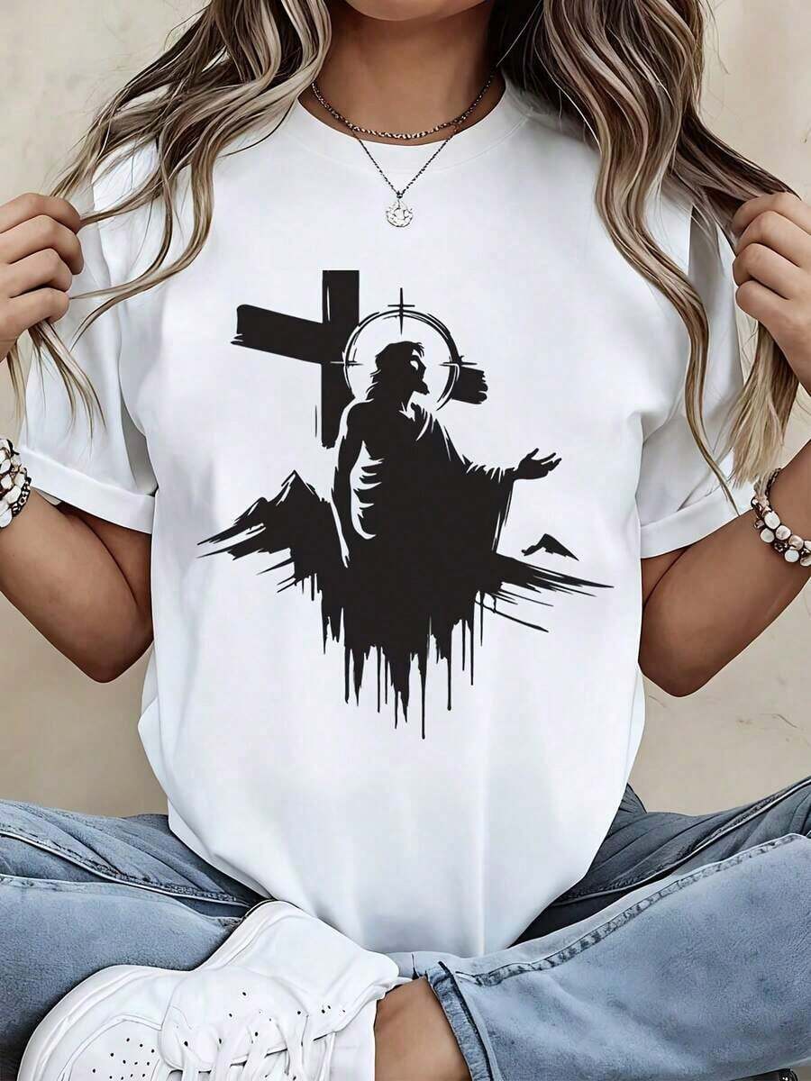 "I Can Do All Things Through Christ Who Strengthens Me" (Philippians 4:13) T-Shirt, Christian Faith Quote For Women, Loose Fit Casual T-Shirt, Suitable For Daily Wear And Light Exercise Activities, 100% Pure Cotton, Women's T-Shirt. - 黑色 - 查看 1