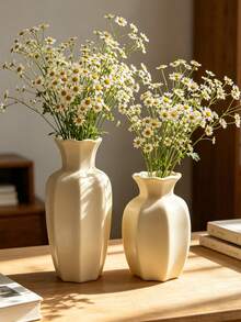 2Pcs Nordic Style High Gloss Cream Yellow Resin Vase Set - Hexagon Ruffled Edge Flower Vase For Entryway & Desk, Hydroponic Vase For Fresh Cut Flowers, Dried Flowers & Pampas Grass, Home Decor For Airbnb | Home Decor, Room Decor, Vintage Decor - New Model - View 4