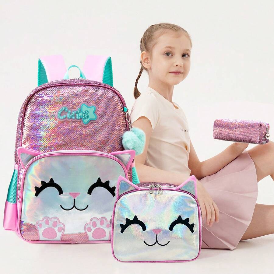 3件組女童小學/青少年學生背包,開學旅行書包,附斜挎包與鉛筆袋 - 女童書包 - 查看 1