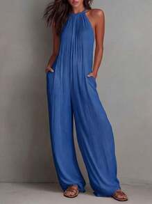 White Wide-Leg Jumpsuit With Pleats And Open Back, Perfect For A Holiday Look. - 藍色 - 查看 3