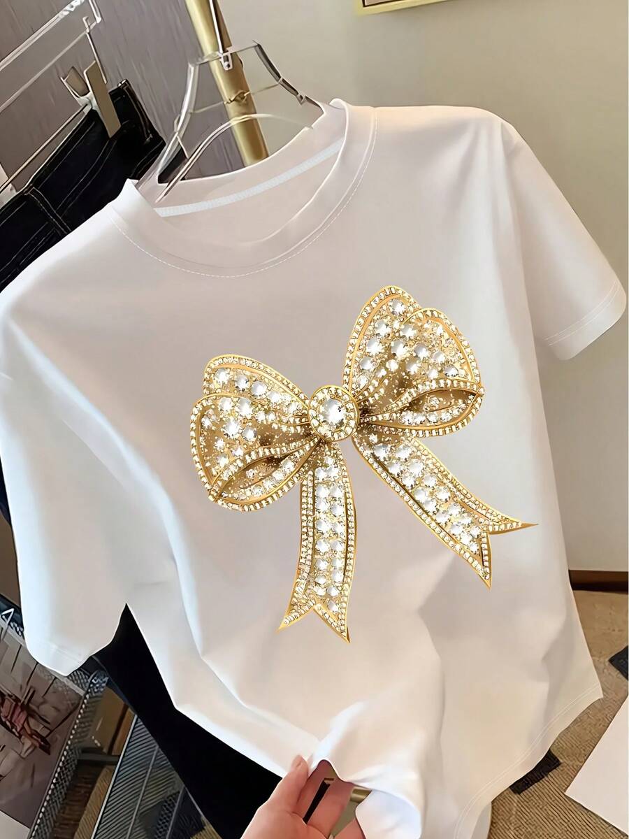 Women's T-Shirt With Bow Print Y2K - Short Sleeve T-Shirt With Round Neck And Shiny Decorative Pattern, Casual Spring/Summer Top With Round Neck, Women's T-Shirt, Regular Fit - 白色 1 - 查看 1