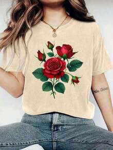 Soft 100% Cotton T-Shirt, Casual Graphic Tee For Young Women, 1 Piece, Plus Size, With Red Rose Print - Short Sleeve T-Shirt, Round Neck, Casual Design, With Burgundy Leaves And Roses, Lightweight And Breathable Fabric, Suitable For Spring And Summer Casual Wear, Valentine's Day Outfit, Stylish Machine Washable Shirt, Floral Pattern Of Bright Red Roses And Green Leaves, Loose Fit To Highlight Feminine Fashion - Casual T-Shirt For Women - Comfortable And Loose, New And Stylish T-Shirt, Made Of Breathable Cotton, Goes With Everything. - 杏色 - 查看 6