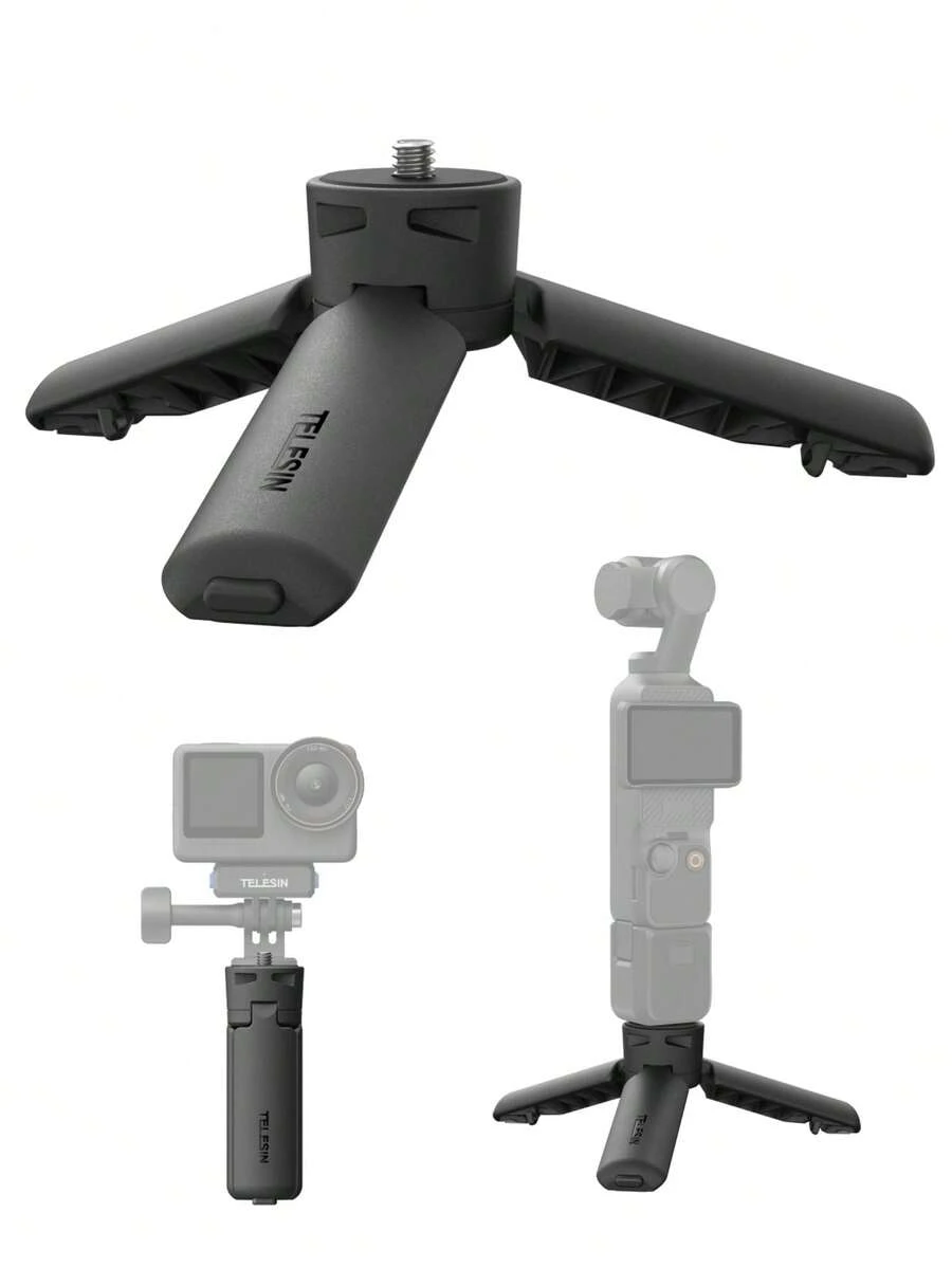 TELESIN 迷你三腳架手把 適用於 Osmo Pocket 3/4 相機手機 一鍵開展 桌面支架手把 附 1/4" 螺絲 適用於 Action 6 5pro Nano// X5/手機/相機/數位裝置配件