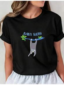 Camiseta Deportiva Casual para Mujer en Negro con Gráfico Colorido de Perezoso y Texto - Camiseta Elástica de Cuello Redondo, Lavable aáquina, Ajuste Cómodo y Apta para Todas las Estaciones. - Negro - Ver 6