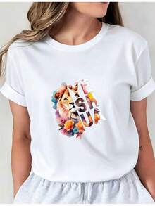Camiseta Deportiva Casual para Mujer con Colorido Diseño de Cara de León y Texto LION --Shirt Elástica de Cuello Redondo, Lavable aáquina, Ajuste Cómodo y Perfecta para Todas las Estaciones. - Blanco - Ver 7