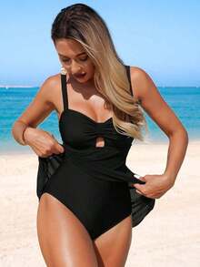 Swim Lushoire Tankini Swimsuit With Solid Color Mesh Skirt And Patches, Model 2026 - 黑色 - 查看 4