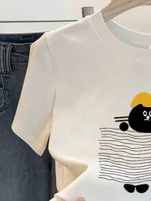 Diseño Simple y Versátil Primavera/Verano Casual Cuello Redondo a la Moda Corte Holgado Versátil Camiseta de Manga Corta para Mujer Camiseta Estampada de Algodón - Blanco - Ver 3