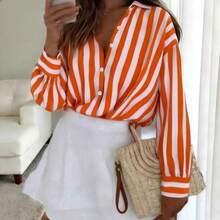 Chaqueta ligera con inspiración vintage para mujer, blusa casual de manga larga con botones, estampado de rayas y bloques de color bohemio, rosa, suelta, cómoda, elegante, romántica, urbana y casual para primavera - Naranja - Ver 1