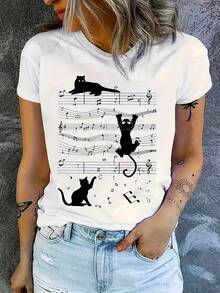 Camiseta casual cómoda para mujer con cuello redondo, microelástica y estampado termoadhesivo - Blanco - Ver 2