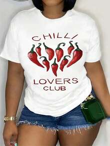 Camiseta Gráfica Oversize de Manga Corta para Mujer, Estampado Chili Lovers Club - Blanca, Informal, de Manga Corta, con Estampado de Chiles en Forma de Corazón, Tejido Elástico Semitransparente, Lavable a Máquina, Diseño de Inspiración Medio Oriente para Primavera, 100% Algodón - Blanco - Ver 6
