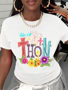 Camiseta de Mujer con Diseño de Cruz y Flores "Él Ha Resucitado" para Eventos Religiosos de Primavera y Pascua en la Iglesia - Blanco - Ver 2