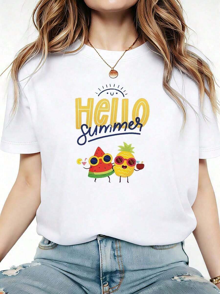 Women's Short-Sleeved, Oversized T-Shirt With A Watermelon And Pineapple Print, Perfect For Beach Vacations And Summer Trips. This Sweet And Vibrant Graphic Print T-Shirt Is A Casual Summer Style, Featuring A Crew Neck, And Is Soft, Breathable-Ideal For Everyday Wear. 100% Cotton. - 白色 - 查看 1