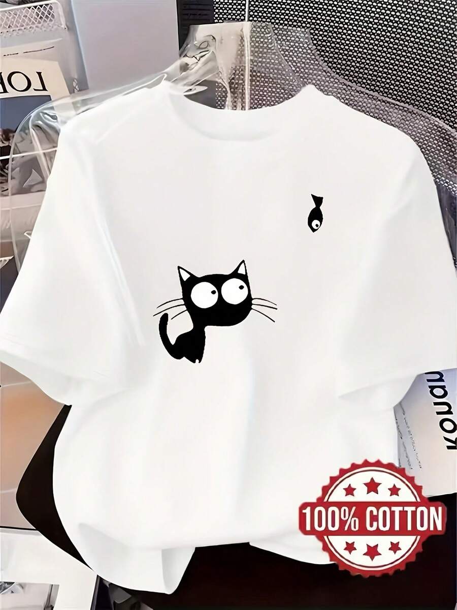 Funny Black Cat T-Shirt, 100% Cotton, Modern Style, Original Design, Cat Lover, Summer Casual, Men's, Women's, Sizes S, M, L, White - 白色 - 查看 1