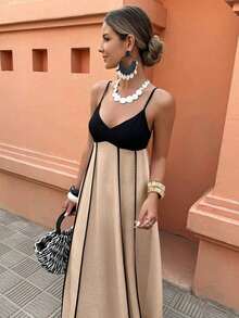 Vestido de vacaciones de línea A con contraste de ribete blanco y negro para mujer de talla grande, primavera/verano - Multicolor 2 - Ver 1