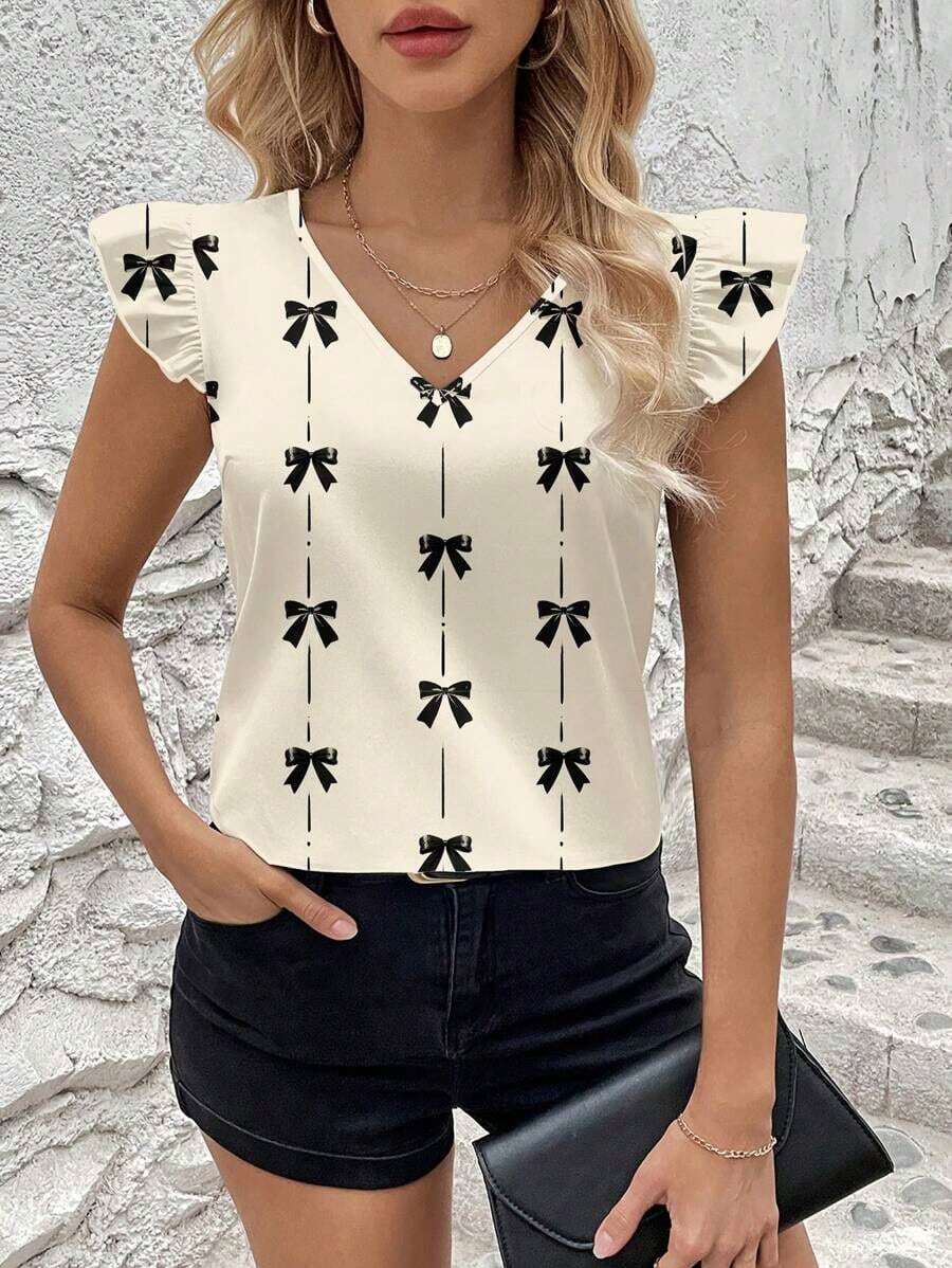 Blusa de moda con cuello en V y mangas cortas con estampado de moño para mujer - Multicolor 3 - Ver 1