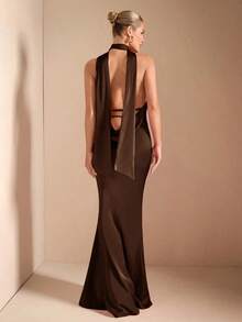 Vestido con escote en V profundo, tirantes de espagueti, cintura con amarre y espalda descubierta, elegante y sexy, adecuado para cócteles, citas románticas, como capa base en otoño/invierno, fiestas, bodas, Halloween, Navidad - Café integral - Ver 10