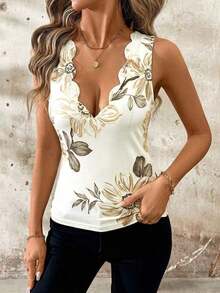 Camiseta de mujer con cuello de concha y estampado floral - Albaricoque - Ver 3