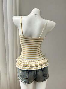 Camiseta ajustada con pliegues en el busto a rayas rosas para el verano - Amarillo - Ver 2