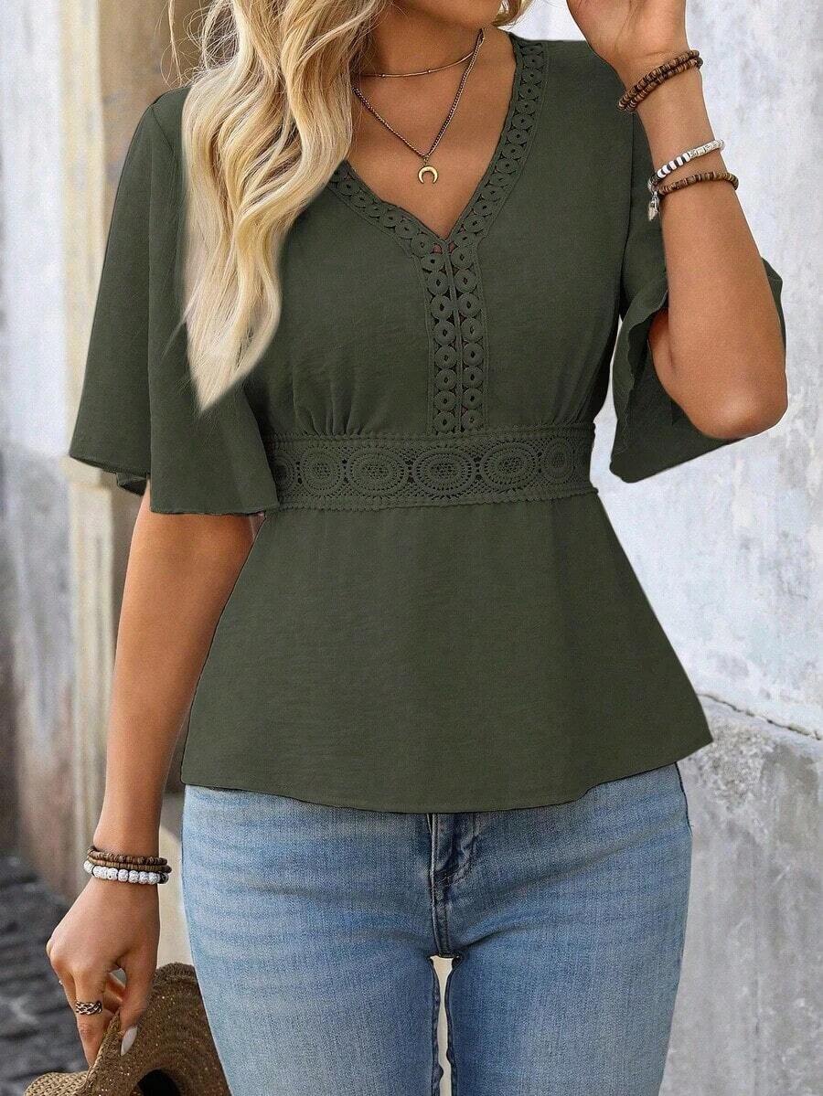 LUNE Blusa de encaje y parches para la cintura, ideal para vacaciones - Verde militar - Ver 1